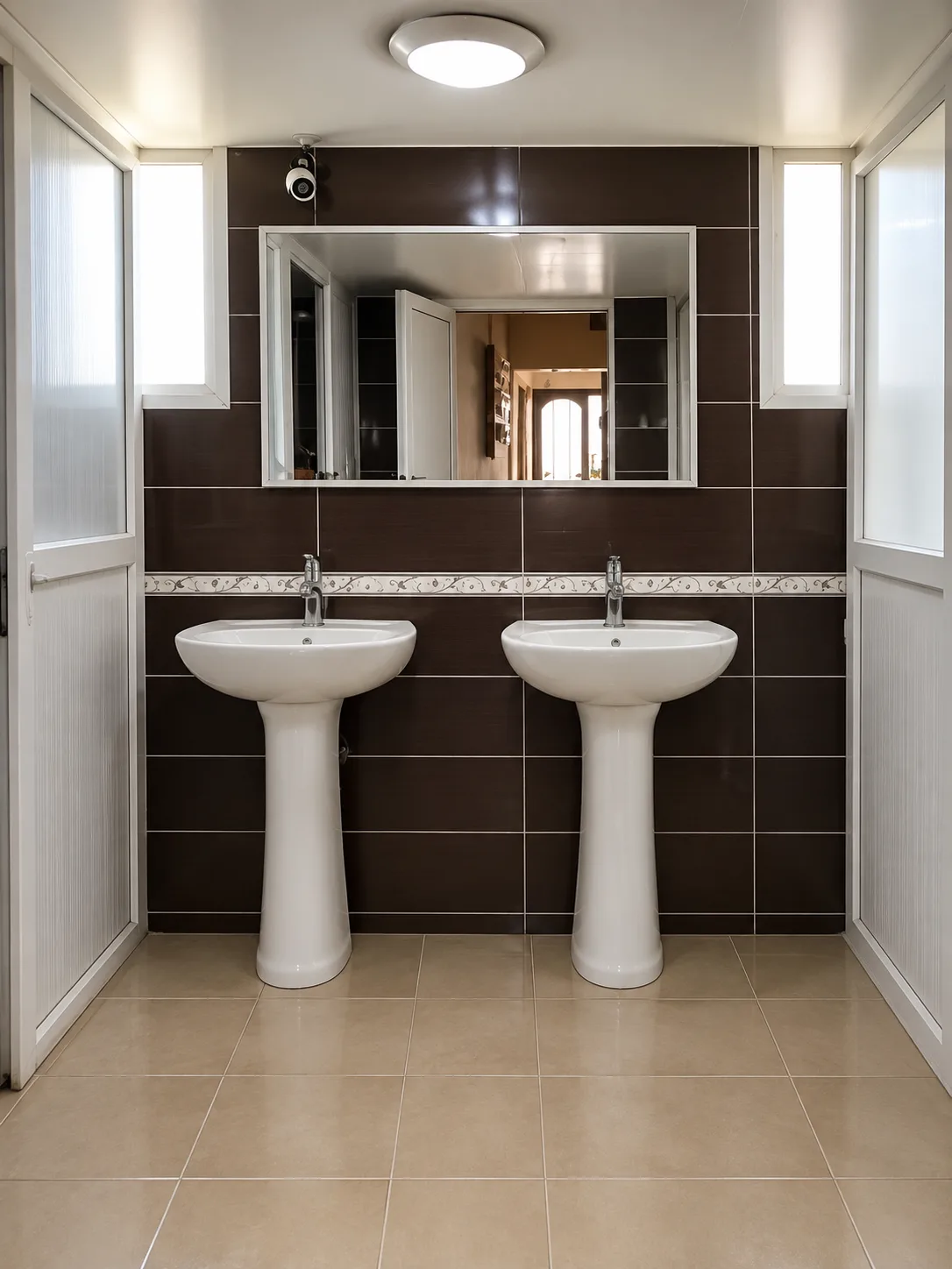 Narin Öğrenci Yurdu banyo alanı: iki lavabo, ayna ve doğal ışık